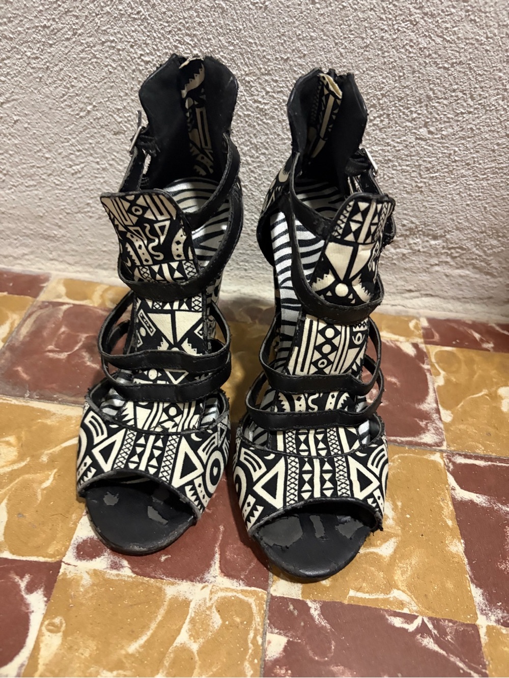 Tribal Print Black and White Strappy Women's Heels